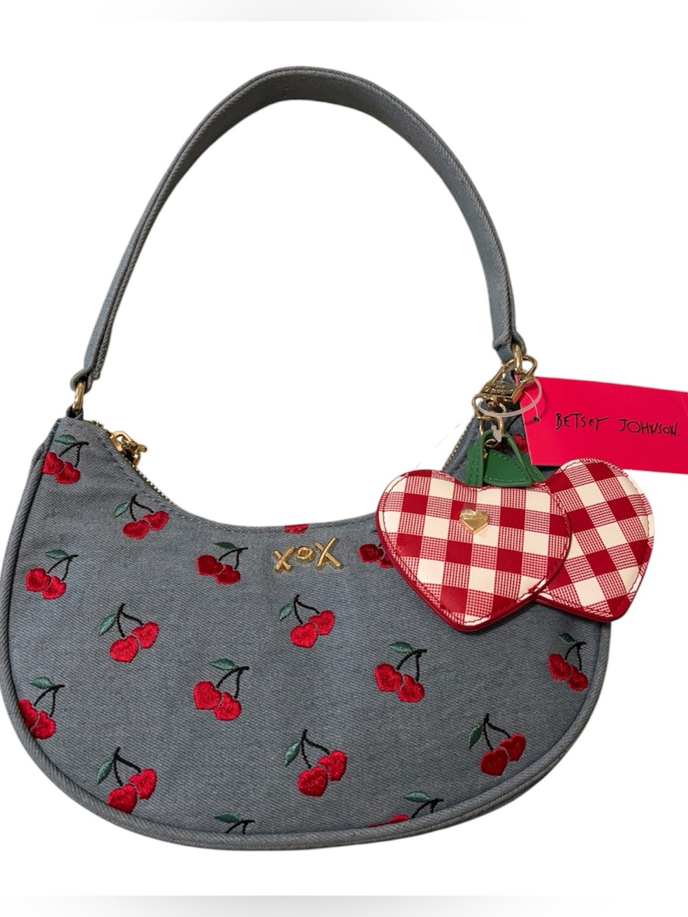 Betsey Johnson denim crescent shoulder bag with embroidered cherries - NWT